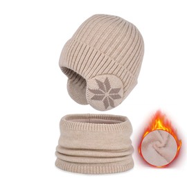 YAMEE Winter Knitted Hat Scarf Set for Children, Children's Winter Hat with Ear Flaps, Cold Protection, Windproof, 2-Piece Children's Beanie for Children, Warm Plush, Cap for 4-10 Years Boys Girls,