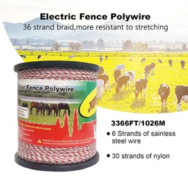QSHOHSQ Fence Rope,Upgraded Electric Fence Polywire,6 Stainless Steel Strands for Reliable Conductivity and Rust Resistance UV Resistant,3366 Feet/1026 Meters,Red and White Color