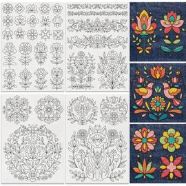 DOODLREAM 35Pcs Flower Folk Art Water Soluble Hand Sewing Stabilizers, 21 x 29.7cm Abstract Folk Flowers Embroidery Pattern Stabilizer, 4 Sheets Vine Stick and Stitch Embroidery Paper Sticker