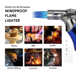 VEXO-Mini4 Torch Lighter Quad 4 Jet Flame Windproof Butane Refill Portable Lighter for Grill BBQ Candle Camping, Gift Idea (Butane NOT Included) (Blue)