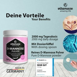 D-Mannose Powder High Dose & Vegan, 2000 mg per Daily Dose, 100 g Can Content for Permanent Supply, Dietary Supplement without Unnecessary Additives, Made in Germany