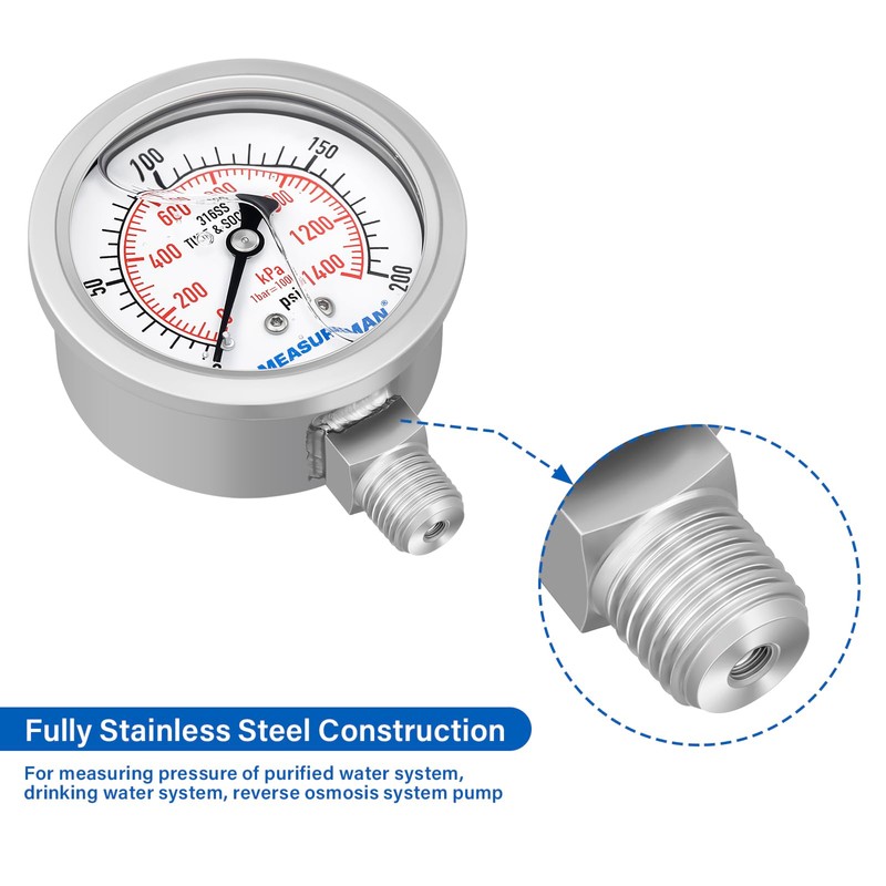 MEASUREMAN Fully Stainless Steel Hydraulic Glycerin Filled Pressure Gauge, 2-1/2"