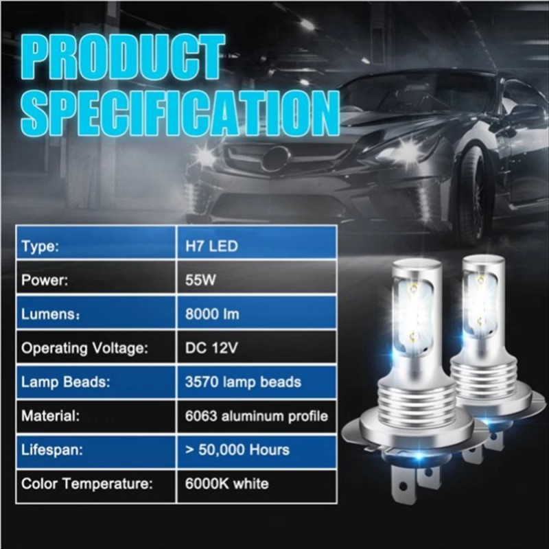 AUIMSOCO 2x H7 LED Headlight Super Bright Bulbs Kit 8000K