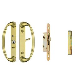 Rockwell Security Sonoma Patio Sliding Door Center Keylock Handle Set with Mortise Lock and Keeper Polished Brass Finish Fits 1-3/4 Inch Thick Doors with 3-15/16 Inch Screw Holes CTC