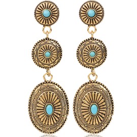 Western Earrings for Women, Oval Synthetic Turquoise Dangle Earrings Vintage Country Concho Dangling Earring Western Outfit Jewelry Gifts for Cowgirls Costume (Gold)
