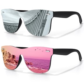 LINVO Trendy Polarized Mirrored Sunglasses Men Womens, Flat One Piece Reflective Shades for Driving Fishing UV400 Protection