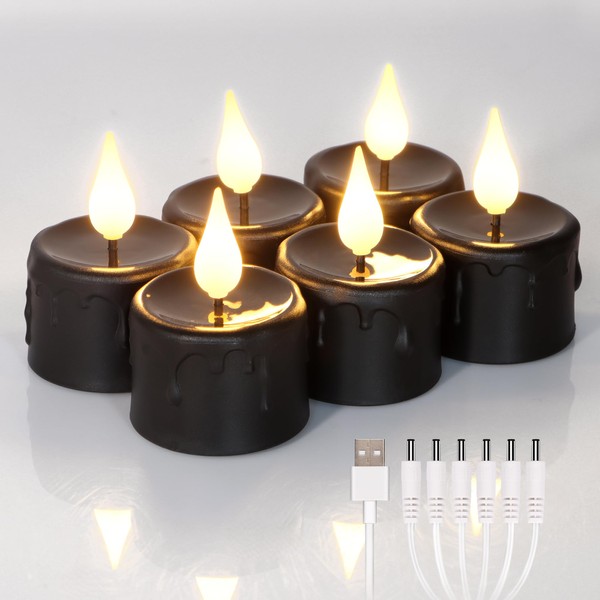 FREEPOWER Black Tea Lights Candles with 6 Hour Timer,Rechargeable Flameless
