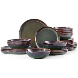 Herogo Stoneware Dinnerware Sets for 8, 24 Piece Plates and Bowls Dish Set, Irregular Handmade Dinner Ware Dishware for Kitchen Dinning, Microwave & Dishwasher Safe, Lichen Green