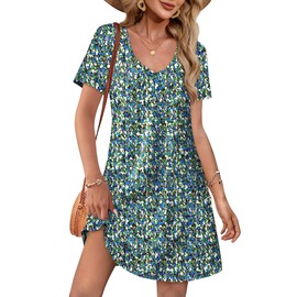 OFEEFAN Spring Dresses for Women 2025 Beach Fashion Loose V Neck T Shirts Casual Short Sleeve Dress Sundresses with Pockets Trendy Floral 07 S