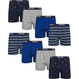 IZOD Mens Boxer Shorts - 8 Pack Performance Knit Cotton Boxers for Men with Button Fly - Lightweight Mens Boxers, 4" Inseam, Size X-Large, Blue/Stripe/Heather Grey/Print