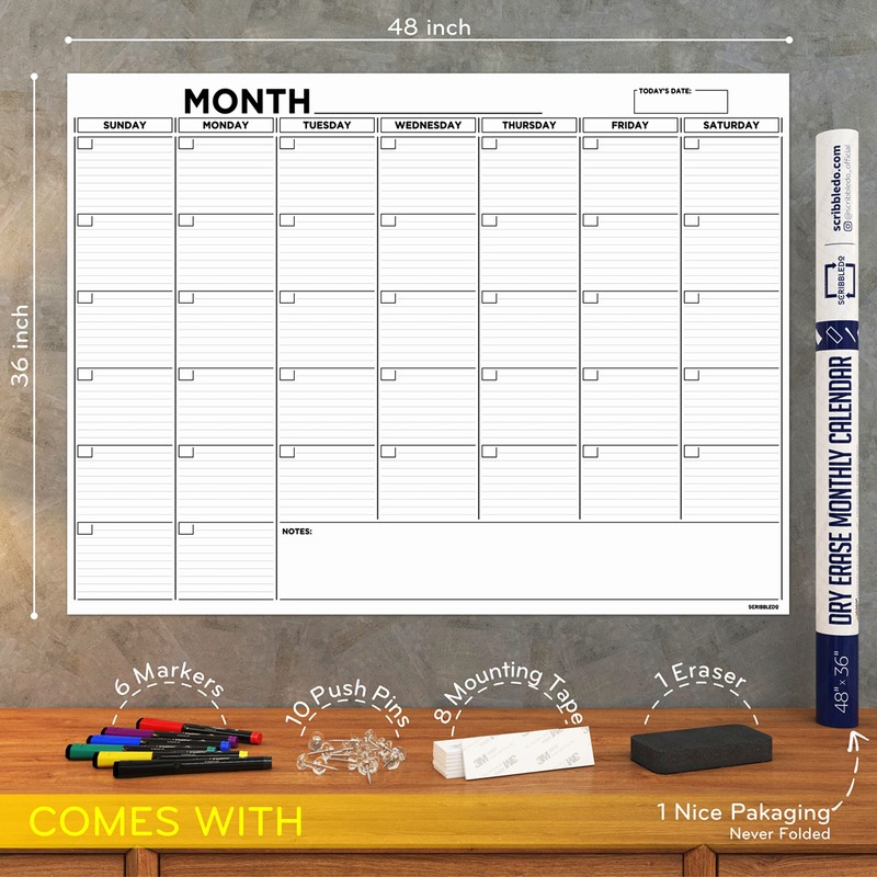 Large 36"x48" White Board Calendar Blank Dry Erase Calendar for