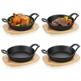 4 Sets Mini Cast Iron Skillet, 6.3 Inch Small Cast Iron Skillets with Wooden Base, Round Mini Pan Fajita Plate Iron Pan Pot, Heavy Duty Cast-iron Cookware for Baking, Frying, Cooking, Serving & More