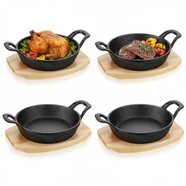 4 Sets Mini Cast Iron Skillet, 6.3 Inch Small Cast Iron Skillets with Wooden Base, Round Mini Pan Fajita Plate Iron Pan Pot, Heavy Duty Cast-iron Cookware for Baking, Frying, Cooking, Serving & More