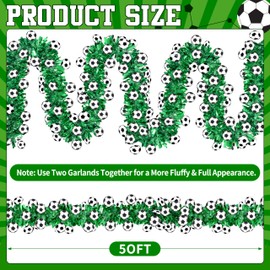 50Ft Soccer Tinsel Garlands, Green Glitter Tinsel Garland with 3D Soccer Cutouts, Metallic Holiday Hanging Streamers for Game Day Party Sports Bar Indoor Outdoor Party Décor