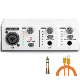 Synido Interfaz de audio USB para grabación de música, equipo de grabación de estudio de computadora 2i2, tarjeta de sonido de guitarra estéreo de 24 bits/48 kHz XLR solo, alimentación fantasma de 48
