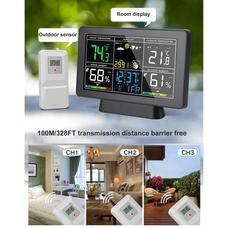 Wireless Weather Station, Wireless Hygrometer Thermometer with Colour Display, Indoor