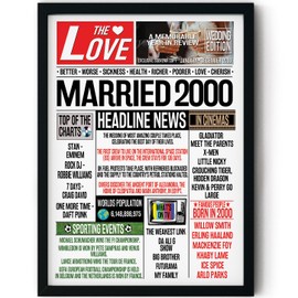 Stuff4 25th Anniversary Poster Framed - Married In 2000 Newspaper - Happy 25th Wedding Anniversary for Men Women Vintage Gifts Retro Back In 2000, 8x10 Inch Twenty-Fifth Anniversaries Posters