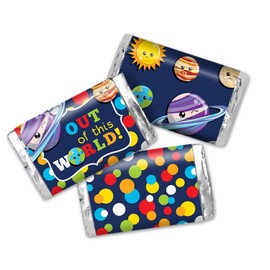 Outer Space Happy Planets Birthday Party Miniature Chocolate Candy Bar Sticker Wrappers for Kids, 45 Wrap Around Labels Sized 1.4" x 2.6" by AmandaCreation, Great for Party Favors & Goodie Bags