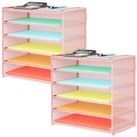 Biciyarn 2 Pack 6 Tier Paper Organizer, Metal Mesh Desk File Folder, Letter Tray Organizer, Paper Sorter Desk Organizers for Office, Home or School File Folder Holder - Pink (Pink-2pack)