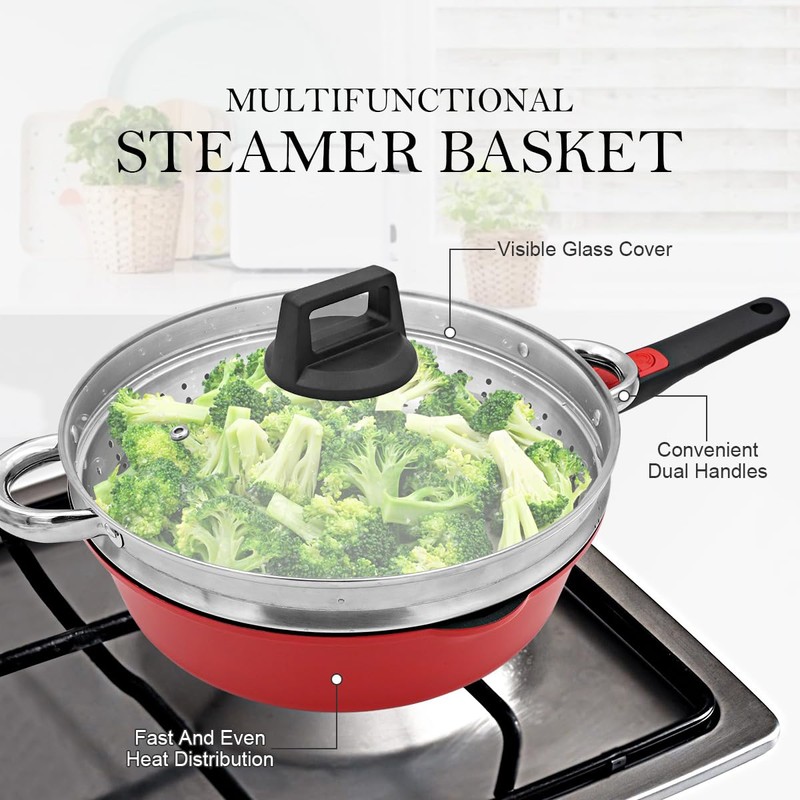 Bobikuke 11 Inch Nonstick Frying Pan Skillet with Steamer, 4.5