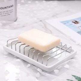 Soap Dish, Stainless Steel Sponge Holder with Ceramic Soap Tray, Double Layer Design, Self-draining Soap Dishes for Shower Bathroom Bathtub, Sponge Holder for Kitchen Sink