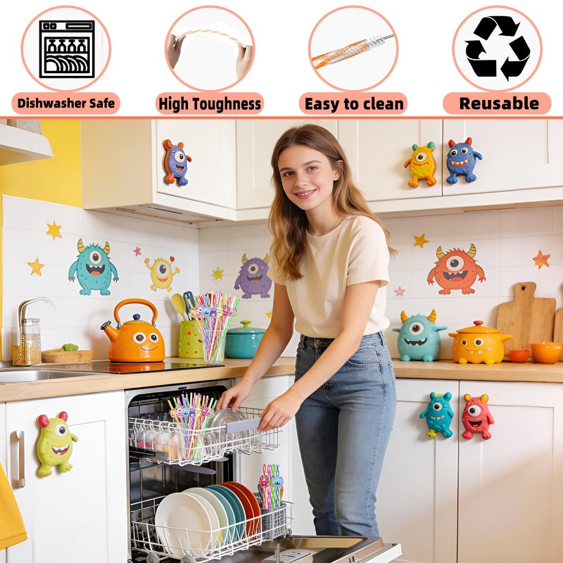 24 Fun Reusable Monster Drinking Straws for Birthday,Halloween Party Favors
