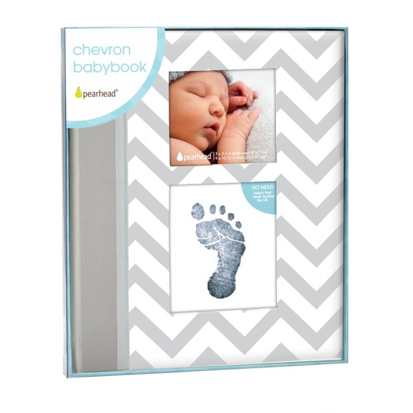 Pearhead First 5 Years Chevron Baby Memory Book with Included Clean-Touch Baby Safe Ink Pad to Create Baby's Handprint or Footprint, Keepsake Milestone Journal, UK English Version, Grey
