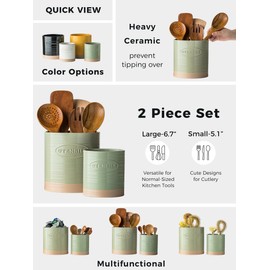 YHOSSEUN Kitchen Utensil Holder, 6.7"+5.1" Ceramic Utensil Holder for Kitchen Counter, Oval Cooking Utensil Crocks for Countertop, Utensil Storage Organizer Set of 2, Green