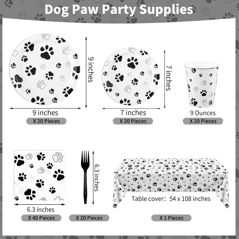 Kochorie 121 Pieces Black Dog Paw Print Party Supplies Tableware