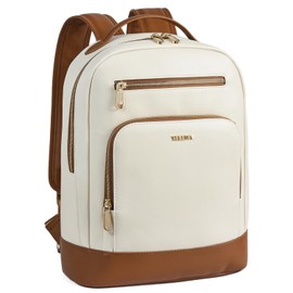 Telena Leather Laptop Backpack Women Men 15 inch Computer Bag Vintage Work Business Laptop Bag for Teacher Nurse Beige Brown