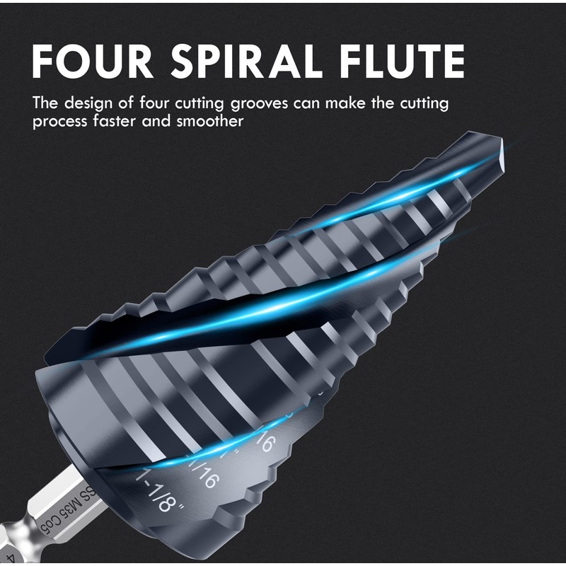 MACXCOIP 1/4"-1-1/8" Four Sprial Flute M35 Cobalt Step Drill Bit