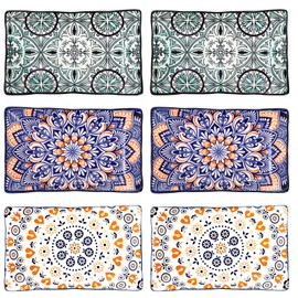 Noamus 6 Pack Ceramic Rectangular Salad Plates, 8.5 Inch Appetizer Serving Platter Tray, Colorful Pasta Dessert Dish Dinner Plate, Vintage Dinnerware Set for Sushi, Microwave Dishwasher Safe