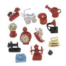 Miniature Dollhouse Accessory Collection. 12 Items. Clock, Stroller, Gumball Machine, Scale, Sewing Machine, Record Player and More.
