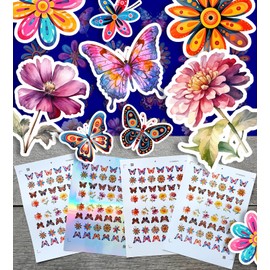 Stickers Pack (Over 150 Stickers) Gorgeous Summery Flowers and Butterflies Vintage Styled Small Vinyl Stickers White Holographic Transparent