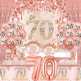 70th Birthday Decorations for Women 152PCS Rose Gold 70th Birthday Party Supplies Includes Happy 70th Birthday Banner Balloons Plates Napkins Tablecloth Tableware Set for 70 Year Old Birthday Decor