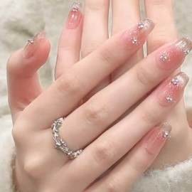 Pure Handmade Nails Press on Nail Reusable Fake Nails Red Silver CatEye Rhinestones Bling Bling Nude Medium Stick on Nails French Tip False Nails 10pcs (L, Q179)