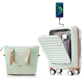 AVGVLIJ Front Opening 20-Inch Carry-On Luggage with Expandable Travel Bag Set, ABS Hard Shell Two-piece Suitcase Set with USB Port, Cup Holder (Light Green)