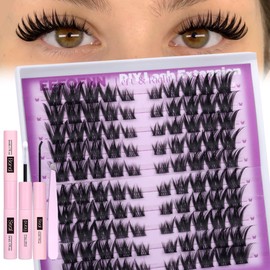 Eefofnn Natural Lash Clusters Kit DIY Lashes Extension Kit Wispy Cluster Eyelash Extensions Kit Manga Cluster Lashes Bond and Seal Tweezers C Curl Individual Lashes Kit 8-16mm Cat Eye Lash Clusters
