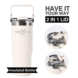 Grow Young Fitness 32oz Premium Insulated Water Bottle – Leakproof, Stainless Steel, Double-Wall Vacuum Sealed, Cup Holder Friendly, BPA-Free, Durable with Ergonomic Carry Handle