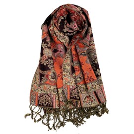 Plum Feathers Pashmina Scarf with Ethnic Tapestry Style Paisley Pattern - 67" x 28" Everyday Pashmina Travel Wrap and Shawl (Black Orange Tropical Paisley)
