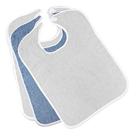 Terry Adult Bibs (3-Pack, 1 Blue 2 White, 18 x 30 Inches) With Velcro Closure Made From 100% Cotton - Absorbent Clothing Protector - Reusable - Machine Washable Patient Bibs