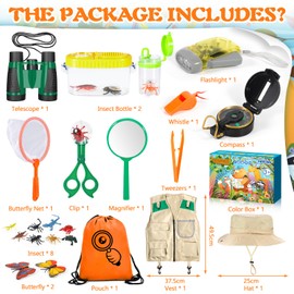 POWZOO Researcher Set for Children, 21-Piece Explorer Set with Researcher Costume Children, Hat, Binoculars for Children, Compass, Cup Magnifier & More, Nature Exploration and Adventure Gift for