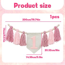 Happy 1st Birthday High Chair Banner, 1 Pcs Handmade Boho 1st Birthday High Chair Banner, Pink Themed Birthdays Decoration Banners Photo Backdrop for Kids Birthdays Party