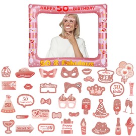 Rose Gold 50th Brithday Party Decorations for Ladies Men,Giant Inflatable Selfie Frame 50th Birthday Photo Booth Frame with 32pcs 50th Birthday Photo Booth Props for Women Her 50th Birthday Gifts