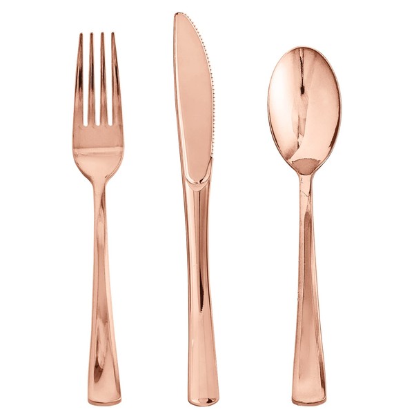 FOCUSLINE 75 Pack Rose Gold Plastic Silverware Disposable Cutlery Set - 25 Forks, 25 Knives, 25 Spoons - Disposable Flatware Heavy Duty Plastic Utensils Set for Catering, Parties, Dinners, Weddings