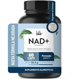 LIFE 360 Suplemento de NAD Blend, Envase que contiene 60 Cápsulas  Rinde 60 porciones por envase. Contiene colágeno hidrolizado y NAD. Ver el modo de 