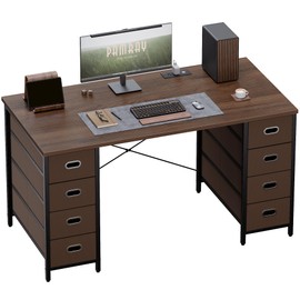 Pamray 47 Inch Computer Desk with 8 Fabric Drawers and Power Outlet PC Gaming Desk Home Office Study Work Writing Table for Bedroom Brown