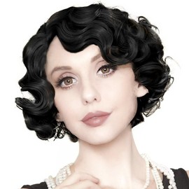 Kaneles Short Black Finger Wave Wigs for Women 1920s Side Part Natural Wig Synthetic Heat Resistant Hair Wig for Vintage Daily Party(Black)