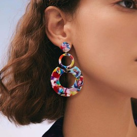 Enautoabs Vintage Acrylic Geometric Dangle Earrings Resin Colorful Tortoise Shell Drop Earrings Large Round Acrylic Earring Statement Earring Jewlery For Women(Colorful)