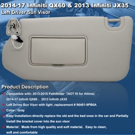 Left Driver Sun Visor with Lamp & Mirror for 2013-2018 Pathfinder 2014-2017 Infiniti QX60 and 2013 Infiniti JX35,OEM: 96401-9PB0A 964009PB0A Grey